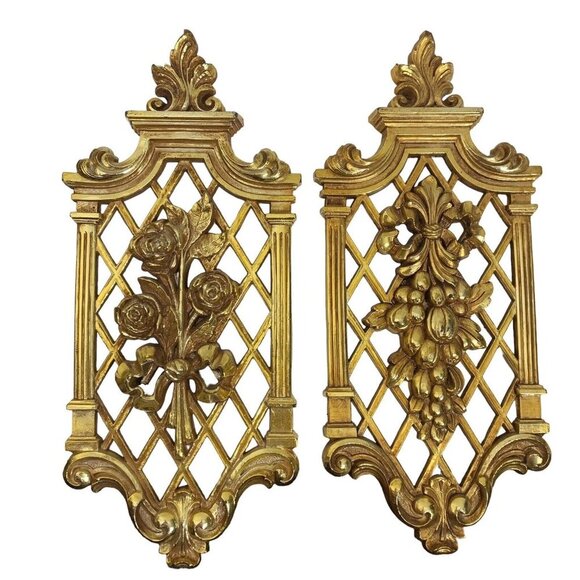 Vintage Wall Art Gold Colored Hard Plastic 13.5" Tall Set of 2 MCM Retro Home - Picture 1 of 5